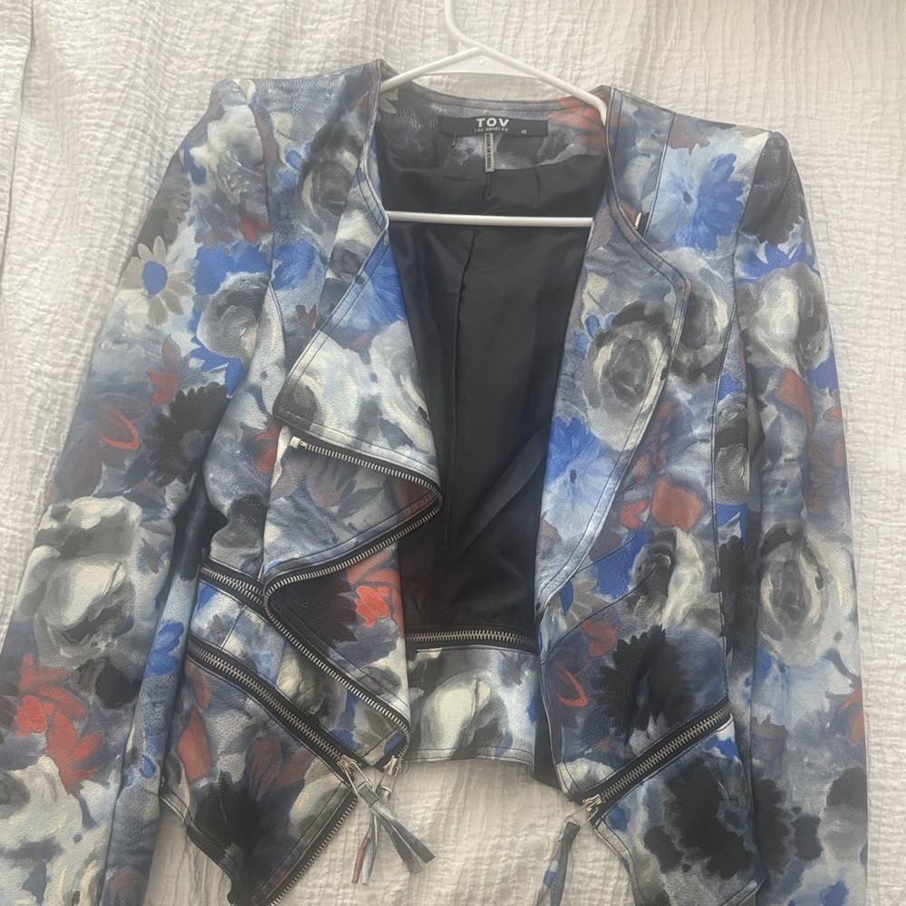 TOV Women's Floral Moto Jacket - Blue and Black